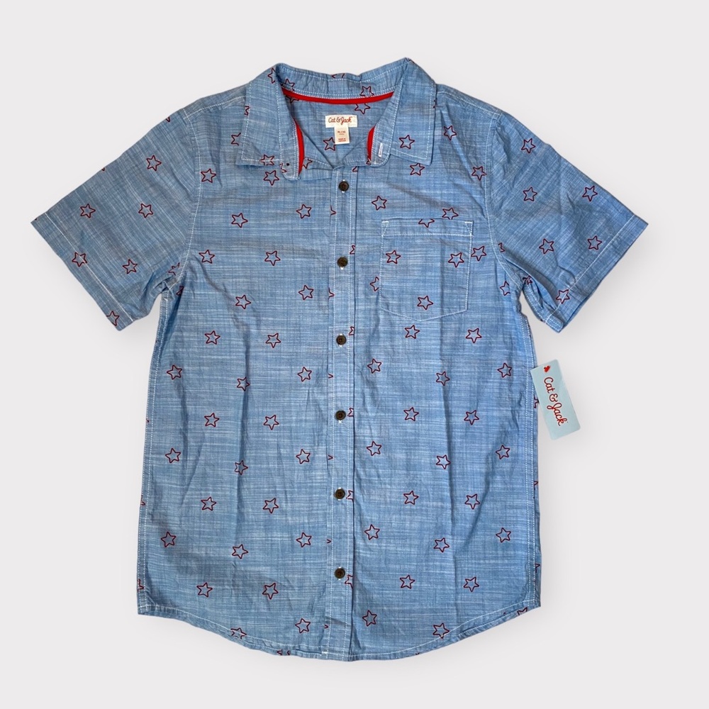 Cat & Jack Boys’ Star Print Chambray Short Sleeve Shirt XL NWT